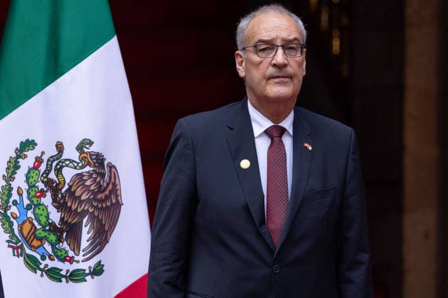July 8, 2026, Mexico City, Mexico: The President of Mexico, CLAUDIA SHEINBAUM PARDO, welcomed the President of the Swiss Confederation and Minister of Economy, GUY PARMELIN, accompanied by his wife, CAROLINE MEROTTO, during an official ceremony in the Courtyard of Honor at the National Palace in Mexico City, as part of the Swiss leaders official visit to the country. Mexico City Mexico - ZUMAl178 20260708_znp_l178_011 Copyright: xCristianxLeyvax
