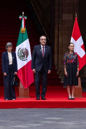 July 8, 2026, Mexico City, Mexico: The President of Mexico, CLAUDIA SHEINBAUM PARDO, welcomed the President of the Swiss Confederation and Minister of Economy, GUY PARMELIN, accompanied by his wife, CAROLINE MEROTTO, during an official ceremony in the Courtyard of Honor at the National Palace in Mexico City, as part of the Swiss leaders official visit to the country. Mexico City Mexico - ZUMAl178 20260708_znp_l178_012 Copyright: xCristianxLeyvax