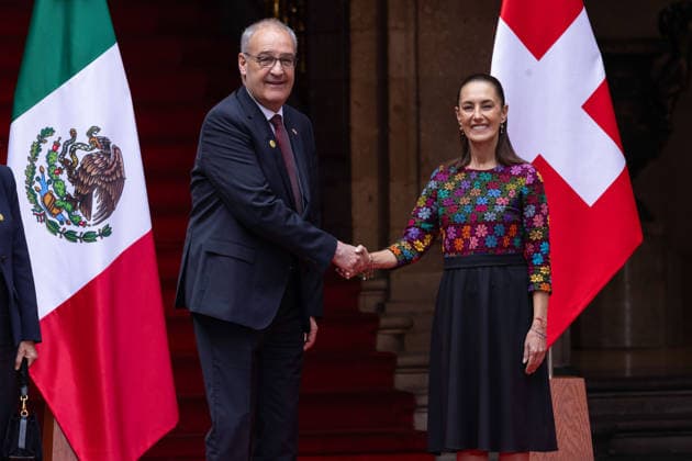 July 8, 2026, Mexico City, Mexico: The President of Mexico, CLAUDIA SHEINBAUM PARDO, welcomed the President of the Swiss Confederation and Minister of Economy, GUY PARMELIN, accompanied by his wife, CAROLINE MEROTTO, during an official ceremony in the Courtyard of Honor at the National Palace in Mexico City, as part of the Swiss leaders official visit to the country. Mexico City Mexico - ZUMAl178 20260708_znp_l178_015 Copyright: xCristianxLeyvax