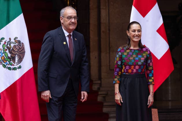 July 8, 2026, Mexico City, Mexico: The President of Mexico, CLAUDIA SHEINBAUM PARDO, welcomed the President of the Swiss Confederation and Minister of Economy, GUY PARMELIN, accompanied by his wife, CAROLINE MEROTTO, during an official ceremony in the Courtyard of Honor at the National Palace in Mexico City, as part of the Swiss leaders official visit to the country. Mexico City Mexico  - ZUMAl178 20260708_znp_l178_014 Copyright: xCristianxLeyvax