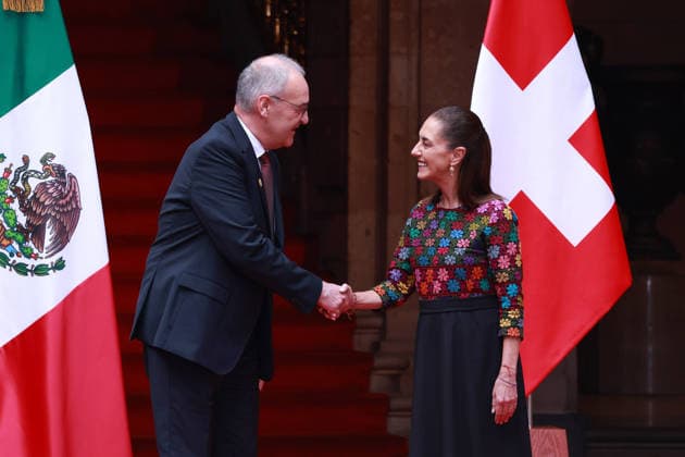 Swiss President Guy Parmelin in Mexico MEXICO CITY, MEXICO - JULY 08: Swiss President Guy Parmelin (L) is received by Mexico s President Claudia Sheinbaum (R) during a welcome ceremony, at the National Palace, in Mexico City, Mexico on July 08, 2026. The visit of Swiss President Guy Parmelin to Mexico aims to strengthen bilateral economic and trade relations, as well as to promote new investment opportunities between both nations and advance the modernization of the EFTA free trade agreement. Daniel Cardenas Anadolu Mexico City Mexico. Editorial use only. Please get in touch for any other usage.  Copyright: x2026xAnadoluxDanielxCardenasx