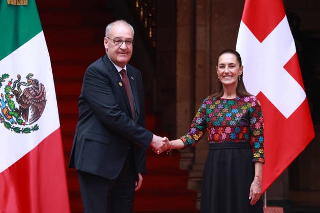 Swiss President Guy Parmelin in Mexico MEXICO CITY, MEXICO - JULY 08: Swiss President Guy Parmelin (L) is received by Mexico s President Claudia Sheinbaum (R) during a welcome ceremony, at the National Palace, in Mexico City, Mexico on July 08, 2026. The visit of Swiss President Guy Parmelin to Mexico aims to strengthen bilateral economic and trade relations, as well as to promote new investment opportunities between both nations and advance the modernization of the EFTA free trade agreement. Daniel Cardenas Anadolu Mexico City Mexico. Editorial use only. Please get in touch for any other usage.  Copyright: x2026xAnadoluxDanielxCardenasx