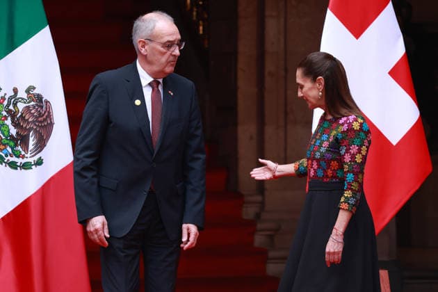 Swiss President Guy Parmelin in Mexico MEXICO CITY, MEXICO - JULY 08: Swiss President Guy Parmelin (L) is received by Mexico s President Claudia Sheinbaum (R) during a welcome ceremony, at the National Palace, in Mexico City, Mexico on July 08, 2026. The visit of Swiss President Guy Parmelin to Mexico aims to strengthen bilateral economic and trade relations, as well as to promote new investment opportunities between both nations and advance the modernization of the EFTA free trade agreement. Daniel Cardenas Anadolu Mexico City Mexico. Editorial use only. Please get in touch for any other usage.  Copyright: x2026xAnadoluxDanielxCardenasx