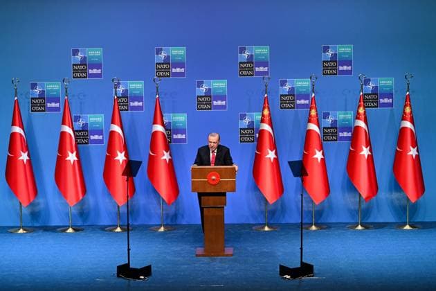 Recep Tayyip Erdogan Summit Press Conference - Ankara Recep Tayyip Erdogan, President of Turkey holds a press conference at Bestepe Presidential Compound during the NATO Summit on July 8, 2026 in Ankara. Photo by Alexis Jumeau ABACAPRESS.COM Ankara Turkey  Copyright: xJumeauxAlexis ABACAx