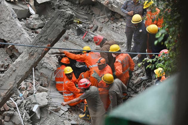 NEW DELHI, INDIA - JULY 8: National Disaster Response Force (NDRF) personnel carry out rescue operations after an under-construction building collapsed in G Block, Sector 16, Rohini on July 8, 2026 in New Delhi India. Multiple agencies, including Delhi Police and the fire department, launched a search-and-rescue operation amid fears that several people were trapped under the debris.(Photo by Sanchit Khanna Hindustan Times) Man Killed As Under-Construction Building Collapses In Delhi s Rohini Sector 16