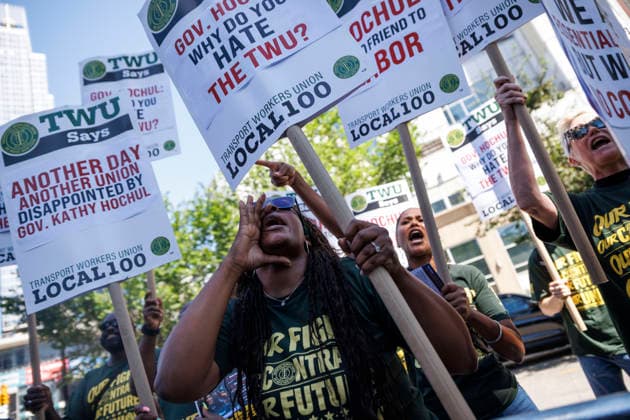 July 8, 2026, Brooklyn, New York, USA: Protesters are seen outside a press conference on Wednesday with Mayor Zohran Mamdani and Governor Kathy Hochul, not pictured, to unveil a bus action plan. The Mayor and Governor unveiled Ã¢â‚¬ËœNext Stop Fast Buses, Better Service,Ã¢â‚¬â ¢ aimed at making services faster and more accessible, and announced partnerships with the New York City Department of Transportation (NYC DOT) and the Metropolitan Transportation Authority Brooklyn USA  - ZUMAh182 20260708_znp_h182_003 Copyright: xMatthewxHoenx