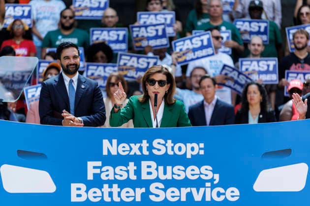 July 8, 2026, Brooklyn, New York, USA: Governor KATHY HOCHUL addresses the crowd with Mayor ZOHRAN MAMDANI, left, during a press conference to unveil a bus action plan on Wednesday. Mayor Zohran Mamdani and Governor Kathy Hochul unveiled Ã¢â‚¬ËœNext Stop Fast Buses, Better Service,Ã¢â‚¬â ¢ aimed at making services faster and more accessible, and announced partnerships with the New York City Department of Transportation (NYC DOT) and the Metropolitan Transportation Authority Brooklyn USA  - ZUMAh182 20260708_znp_h182_010 Copyright: xMatthewxHoenx