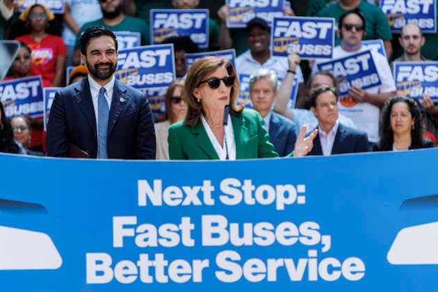 July 8, 2026, Brooklyn, New York, USA: Governor KATHY HOCHUL addresses the crowd with Mayor ZOHRAN MAMDANI, left, during a press conference to unveil a bus action plan on Wednesday. Mayor Zohran Mamdani and Governor Kathy Hochul unveiled Ã¢â‚¬ËœNext Stop Fast Buses, Better Service,Ã¢â‚¬â ¢ aimed at making services faster and more accessible, and announced partnerships with the New York City Department of Transportation (NYC DOT) and the Metropolitan Transportation Authority Brooklyn USA - ZUMAh182 20260708_znp_h182_014 Copyright: xMatthewxHoenx
