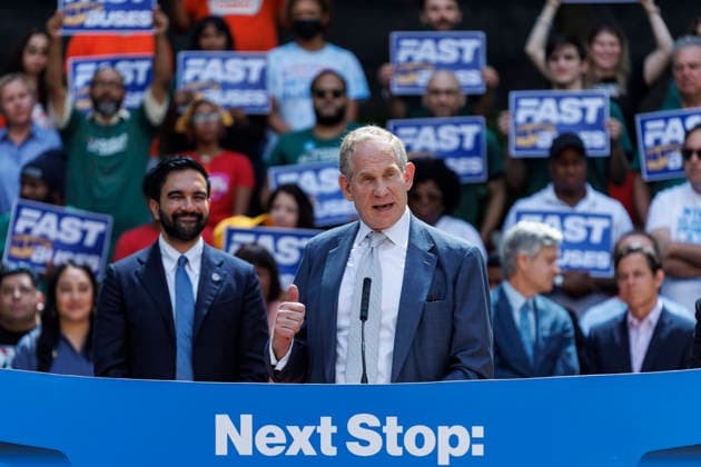 July 8, 2026, Brooklyn, New York, USA: Chair and CEO of the MTA, JANNO LIEBER, addresses the crowd with Mayor ZOHRAN MAMDANI, left, during a press conference to unveil a bus action plan on Wednesday. Mayor Zohran Mamdani and Governor Kathy Hochul unveiled Ã¢â‚¬ËœNext Stop Fast Buses, Better Service,Ã¢â‚¬â ¢ aimed at making services faster and more accessible, and announced partnerships with the New York City Department of Transportation (NYC DOT) and the Metropolitan Transportation Authority Brooklyn USA - ZUMAh182 20260708_znp_h182_016 Copyright: xMatthewxHoenx