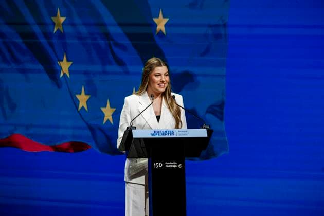 Infanta Sofia, along with King Felipe and Queen Letizia and Princess Leonor, presided over the Leading Teachers event of the Ibercaja Foundation, where Infanta Sofia gave her first solo speech, in Zaragoza on Wednesday, July 8, 2026. La Infanta Sofia junto a los reyes Felipe y Letizia y la princesa Leonor presiden el evento Docentes Referentes de la Fundación Ibercaja, donde la infanta Sofia realiza su primer discurso en solitario, en Zaragoza el miércoles 8 de julio de 2026. 900 LOF Cordon Press Cordon Press 