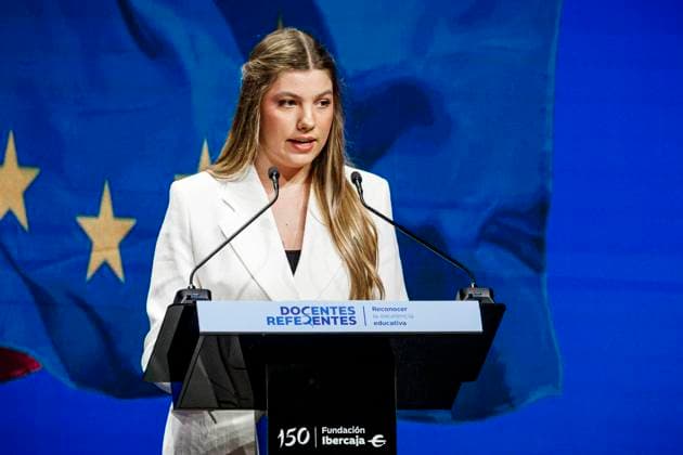 Infanta Sofia, along with King Felipe and Queen Letizia and Princess Leonor, presided over the Leading Teachers event of the Ibercaja Foundation, where Infanta Sofia gave her first solo speech, in Zaragoza on Wednesday, July 8, 2026. La Infanta Sofia junto a los reyes Felipe y Letizia y la princesa Leonor presiden el evento Docentes Referentes de la Fundación Ibercaja, donde la infanta Sofia realiza su primer discurso en solitario, en Zaragoza el miércoles 8 de julio de 2026. 900 LOF Cordon Press Cordon Press 