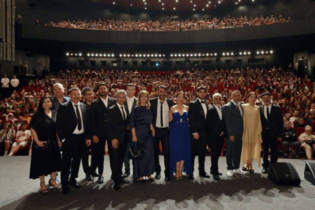 The 60th Karlovy Vary International Film Festival continued on its sixth day, in Karlovy Vary, Czech Republic, on July 8, 2026. A delegation of filmmakers presented the German film Hijamat in the Grand Hall of the Thermal Hotel. Director Nader Saeivar stands the fourth from right. (CTKxPhoto SlavomirxKubes) CTKPhotoP2026070809014  CTKPhotoP2026070809014