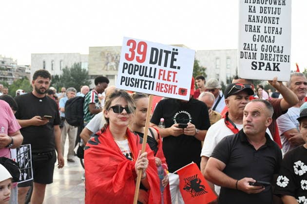 Protests continue in Albania against the planned tourism project in Zvernec TIRANA, ALBANIA - JULY 8: Demonstrators holding Albanian flag and posters gather at Skanderbeg Square during the 39th consecutive day of protests held under the slogan Albania is Not for Sale, opposing a planned tourism project in the Zvernec area of Vlore, in Tirana, Albania, on July 8, 2026. Olsi Shehu Anadolu Tirana Albania. Editorial use only. Please get in touch for any other usage.  Copyright: x2026xAnadoluxOlsixShehux