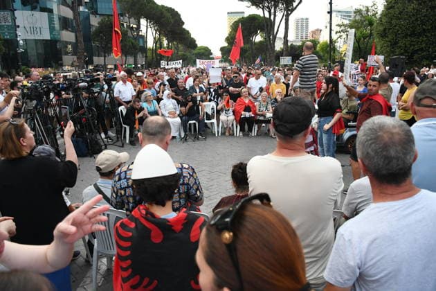 Protests continue in Albania against the planned tourism project in Zvernec TIRANA, ALBANIA - JULY 8: Demonstrators holding Albanian flag and posters gather at Skanderbeg Square during the 39th consecutive day of protests held under the slogan Albania is Not for Sale, opposing a planned tourism project in the Zvernec area of Vlore, in Tirana, Albania, on July 8, 2026. Olsi Shehu Anadolu Tirana Albania. Editorial use only. Please get in touch for any other usage.  Copyright: x2026xAnadoluxOlsixShehux