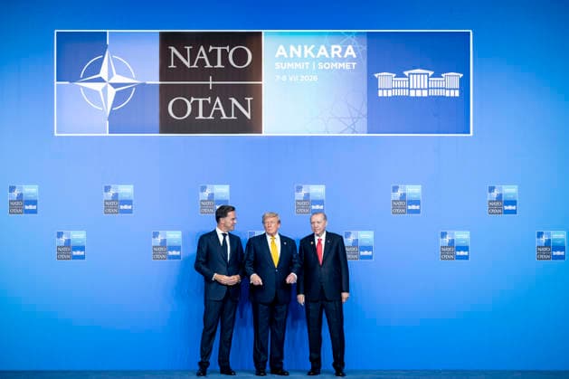 President Donald Trump, center, is greeted by NATO Secretary General Mark Rutte, left, and Turkish President Recep Tayyip Erdogan as he arrives for the NATO summit in Ankara, Turkey, Wednesday, July 8, 2026. The summit comes at a critical moment for the 77?year?old transatlantic alliance, as the U.S. president presses members to honor their pledge to boost defense spending amid Washington s pullback from Europe.  TUR2026070824 NATO