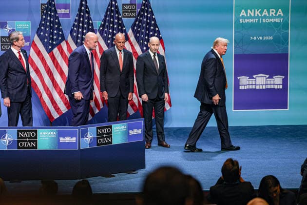 July 8, 2026, Ankara, Turkiye, Turkiye: U.S. President DONALD TRUMP walks off stage after a closing press conference at the NATO Summit in Ankara, alongside members of the U.S. delegation. Trump spoke positively about the summit and described it as Ã¢â‚¬oetremendously successfulÃ¢â‚¬Â following meetings with allied leaders on defence spending, collective security and NATO coordination. Ankara Turkiye  - ZUMAo116 20260708_znp_o116_035 Copyright: xBiancaxOterox