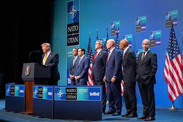 Donald Trump at NATO Summit Press Conference - Ankara AJ US President Donald Trump and USA Secretary of War Pete Hegseth and USA Secretary of State Marco Rubio stand behind speaks to the press during a NATO (OTAN) Summit at Bestepe Presidential Compound in Ankara, Turkiye on July 8, 2026. The summit comes at a fraught time for the 77-year-old transatlantic alliance, with the US President demanding members make good on a pledge to ramp up defence spending as Washington takes a step back from Europe. Photo by Alexis Jumeau ABACAPRESS.COM. Ankara  Copyright: xJumeauxAlexis ABACAx