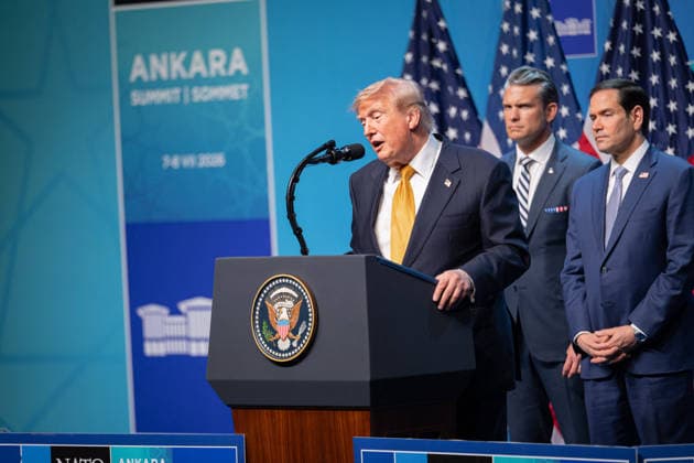 Donald Trump at NATO Summit Press Conference - Ankara AJ US President Donald Trump and USA Secretary of War Pete Hegseth and USA Secretary of State Marco Rubio stand behind speaks to the press during a NATO (OTAN) Summit at Bestepe Presidential Compound in Ankara, Turkiye on July 8, 2026. The summit comes at a fraught time for the 77-year-old transatlantic alliance, with the US President demanding members make good on a pledge to ramp up defence spending as Washington takes a step back from Europe. Photo by Alexis Jumeau ABACAPRESS.COM. Ankara  Copyright: xJumeauxAlexis ABACAx