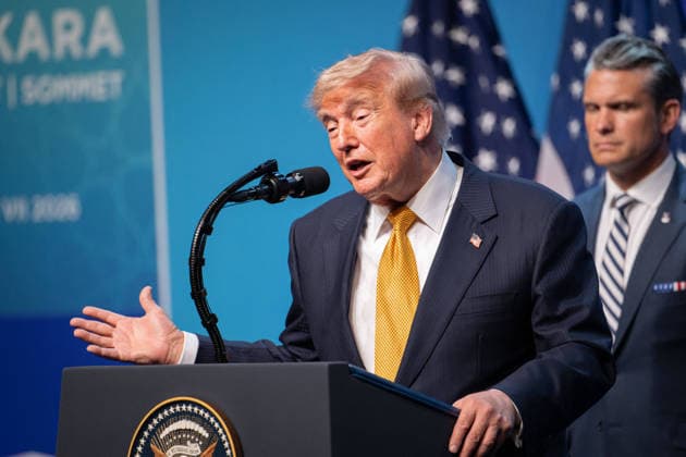 Donald Trump at NATO Summit Press Conference - Ankara AJ US President Donald Trump speaks to the press during a NATO (OTAN) Summit at Bestepe Presidential Compound in Ankara, Turkiye on July 8, 2026. The summit comes at a fraught time for the 77-year-old transatlantic alliance, with the US President demanding members make good on a pledge to ramp up defence spending as Washington takes a step back from Europe. Photo by Alexis Jumeau ABACAPRESS.COM. Ankara  Copyright: xJumeauxAlexis ABACAx