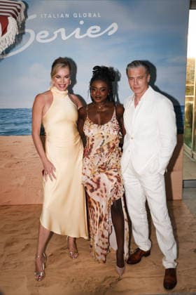 IPA86521476 - Riccione: The photocall for the fourth season of the Paramount series Star Trek: Strange New Worlds during the Italian Global Series (IGS) Festival 2026. Pictured: Anson Mount (American actor), Rebecca Romijn (American actress), Celia Rose Gooding (American actress)  Copyright: xAlessandroxBremecx xx 86521476