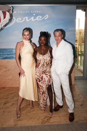 IPA86521472 - Riccione: The photocall for the fourth season of the Paramount series Star Trek: Strange New Worlds during the Italian Global Series (IGS) Festival 2026. Pictured: Anson Mount (American actor), Rebecca Romijn (American actress), Celia Rose Gooding (American actress)  Copyright: xAlessandroxBremecx xx 86521472