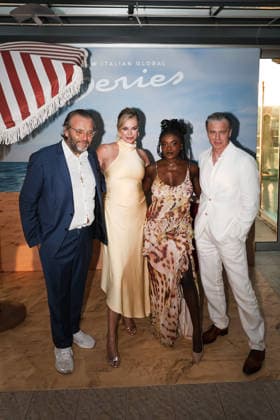 IPA86521466 - Riccione: The photocall for the fourth season of the Paramount series Star Trek: Strange New Worlds during the Italian Global Series (IGS) Festival 2026. Pictured: Marco Spagnoli (artistic director of IGS), Anson Mount (American actor), Rebecca Romijn (American actress), Celia Rose Gooding (American actress)  Copyright: xAlessandroxBremecx xx 86521466