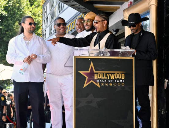 Bizzy Bone, Wish Bone, Flesh-n-Bone, Layzie Bone, and Krayzie Bone (L-R) of the Hip-Hop group Bone Thugs-N-Harmony make comments during a ceremony honoring them with the 2,851st star on the Hollywood Walk of Fame in Los Angeles on Wednesday, July 8, 2026.  LAP2026070816 JIMxRUYMEN