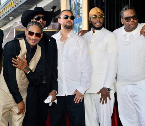 Layzie Bone, Krayzie Bone, Bizzy Bone, Flesh-n-Bone and Wish Bone (L-R) of the Hip-Hop group Bone Thugs-N-Harmony pose during a ceremony honoring them with the 2,851st star on the Hollywood Walk of Fame in Los Angeles on Wednesday, July 8, 2026.  LAP2026070817 JIMxRUYMEN