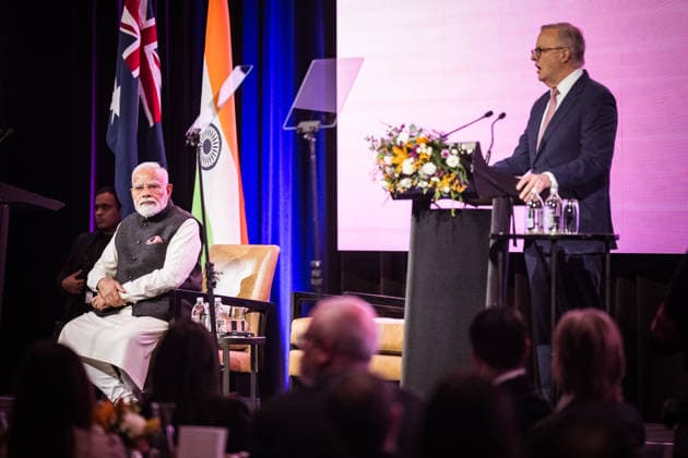 NARENDRA MODI AUSTRALIA VISIT, As he shares the stage with the Prime Minister of India - Narendra Modi - the Prime Minister of Australia, Anthony Albanese speaks during the Australia-India Economic Roadmap Business Reception in Melbourne, Thursday, July 9, 2026. ( NO ARCHIVING MELBOURNE VICTORIA AUSTRALIA  Copyright: xCHRISTOPHERxHOPKINSx 20260709122996597246