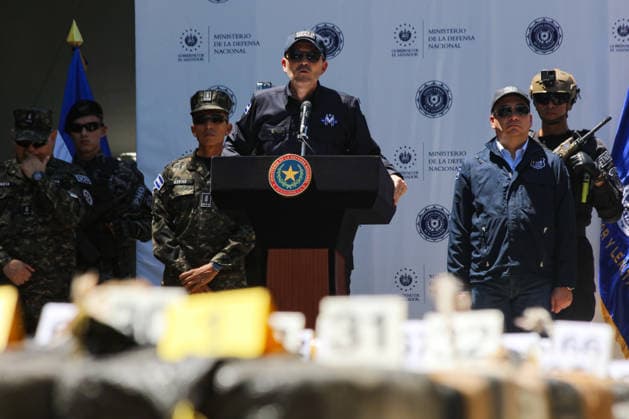 Salvadoran Security Authorities Present Seized Drug Shipment LA PAZ, EL SALVADOR - JULY 08: Gustavo Villatoro (C), Minister of Justice and Public Security of El Salvador speaking in front of drug packages marked as evidence during the presentation of a drug shipment seized at sea by Salvadoran security authorities, at the Port Captaincy of La Concordia on the Costa del Sol, La Paz, El Salvador on July 08, 2026. Salvadoran President Nayib Bukele reported on his social media that on June 18, members of the Salvadoran National Navy seized 6.68 tons of drugs more than 600 nautical miles offshore, valued at $167 million. Alex Pena Anadolu La Paz El Salvador. Editorial use only. Please get in touch for any other usage.  Copyright: x2026xAnadoluxAlexxPenax