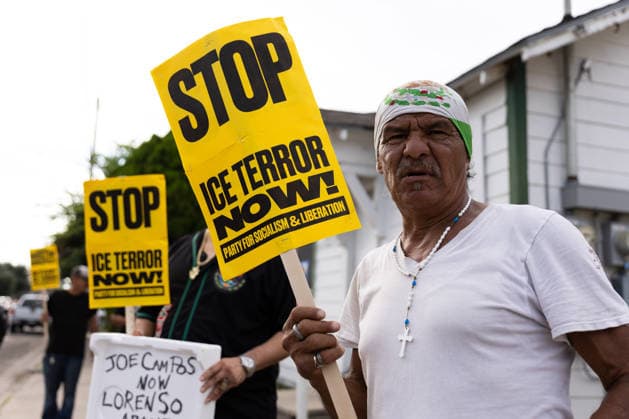 July 8, 2026, Houston, Texas, USA: During a protest opposing ICE following the death of Lorenzo Salgado Araujos, a protester gathers in Magnolia Park, Wednesday, July 8, in Houston, Texas. Houston USA - ZUMAg287 20260708_zsp_g287_019 Copyright: xMatthewxGuzmanx