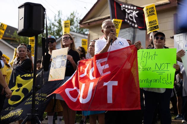 July 8, 2026, Houston, Texas, USA: During a protest opposing ICE agents following the death of Lorenzo Salgado Araujos, a protester yells in Magnolia Park, Wednesday, July 8, in Houston, Texas. Houston USA - ZUMAg287 20260708_zsp_g287_080 Copyright: xMatthewxGuzmanx