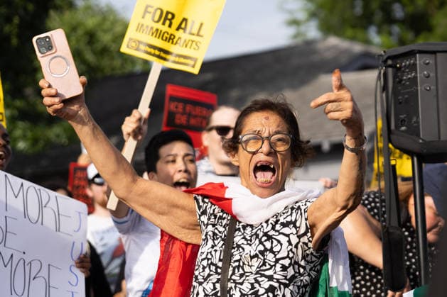 July 8, 2026, Houston, Texas, USA: During a protest opposing ICE agents following the death of Lorenzo Salgado Araujos, a protester yells in Magnolia Park, Wednesday, July 8, in Houston, Texas. Houston USA - ZUMAg287 20260708_zsp_g287_084 Copyright: xMatthewxGuzmanx