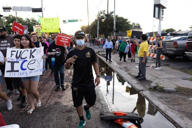 July 8, 2026, Houston, Texas, USA: During a protest opposing ICE agents in Houston following the death of Lorenzo Salgado Araujos, protesters march in Magnolia Park, Wednesday, July 8, in Houston, Texas. Houston USA - ZUMAg287 20260708_zsp_g287_094 Copyright: xMatthewxGuzmanx