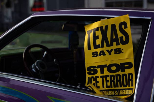 July 8, 2026, Houston, Texas, USA: During a protest opposing ICE agents following the death of Lorenzo Salgado Araujos, a sign is put in a car at Magnolia Park, Wednesday, July 8, in Houston, Texas. Houston USA - ZUMAg287 20260708_zsp_g287_100 Copyright: xMatthewxGuzmanx