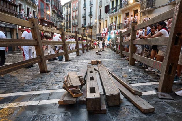 Third bull run of the 2026 San Fermín Festival, featuring bulls from the Victoriano del Río ranch; part of the fence before the third bull run of the 2026 San Fermín Festival, on July 9, 2026, in Pamplona, Navarre, Spain. On this occasion, the third running of the San Fermín festival featured bulls from the Victoriano del Río ranch in Spain  Copyright: xEduardoxSanzx 7654852