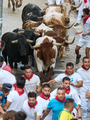 Third bull run of the 2026 San Fermín Festival, featuring bulls from the Victoriano del Río ranch; the third bull run of the 2026 San Fermín Festival took place on July 9, 2026, in Pamplona, Navarre, Spain. On this occasion, the third running of the San Fermín festival featured bulls from the Victoriano del Río ranch, Spain  Copyright: xEduardoxSanzx 7654880