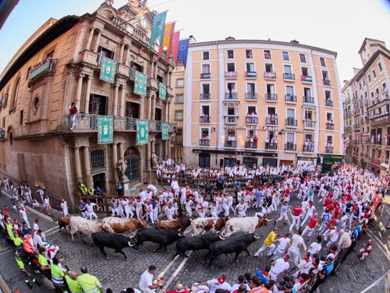 July 9, 2026, Pamplona, Navarre, Spain: People take part in the traditional encierro (bull-run) of the San Fermin Festival in Pamplona, Spain on July 09, 2026. The bull-running fiesta is held annually from 06 to 14 July in commemoration of the city s patron saint. Visitors from all over the world attend the festival. Many of them physically participate in the highlight event - the running of the bulls, or encierro - where they attempt to outrun the animals along a route through the narrow streets of Pamplona s old city. Pamplona Spain - ZUMAa206 20260709_zsp_a206_007 Copyright: xRubenxAlbarranx