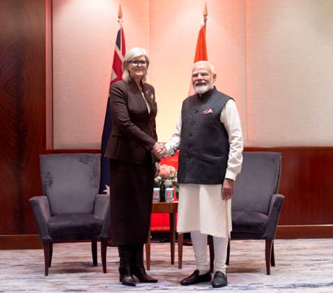 NARENDRA MODI AUSTRALIA VISIT The Prime Minister of India Narendra Modi meets with the Australian Governor-General, HE The Hon Sam Mostyn AC at the Park Hyatt in Melbourne, Thursday, July 9, 2026. (AAP Image NewsWire, pool) NO ARCHIVING Melbourne Park Hyatt Entrance Victoria Australia *** NARENDRA MODI S VISIT TO AUSTRALIA: Indian Prime Minister Narendra Modi meets with the Australian Governor General, His Excellency The Hon. Sam Mostyn AC, at the Park Hyatt in Melbourne on Thursday, July 9, 2026. AAP Image NewsWire, pool. NO ARCHIVING. Park Hyatt Melbourne Entrance, Victoria, Australia Poolfoto AAPIMAGE ,EDITORIAL USE ONLY