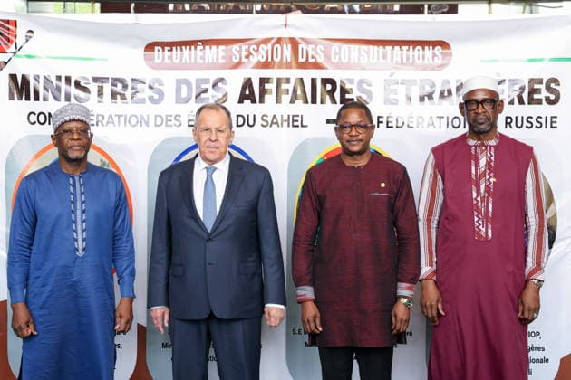 NIGER, NIAMEY - JULY 8, 2026: Russia s Foreign Minister Sergei Lavrov (2nd L) attends the 2nd Russia-Alliance of Sahel States ministerial meeting. Russian Foreign Ministry Press Service TASS  94851671