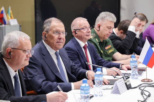 NIGER, NIAMEY - JULY 8, 2026: Russia s Foreign Minister Sergei Lavrov (2nd L) meets with Burkina Faso s Foreign Minister Karamoko Jean-Marie Traore (not pictured). Russian Foreign Ministry Press Service TASS  94852019