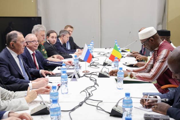 NIGER, NIAMEY - JULY 8, 2026: Russia s Foreign Minister Sergei Lavrov (L) and Mali s Foreign Minister Abdoulaye Diop (R) meet for talks. Russian Foreign Ministry Press Service TASS  94852093