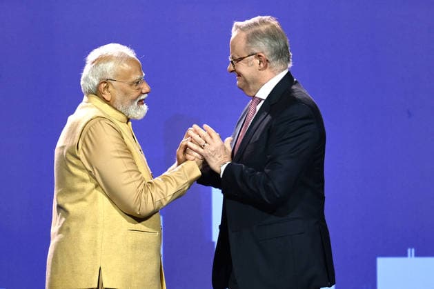 NARENDRA MODI AUSTRALIA VISIT, Indian Prime Minister Narendra Modi (left) and Australian Prime Minister Anthony Albanese during the Melbourne Meets Modi community event at Marvel Stadium in Melbourne, Thursday, July 9, 2026. ( NO ARCHIVING MELBOURNE VICTORIA AUSTRALIA  Copyright: xJOELxCARRETTx 20260709197531822134