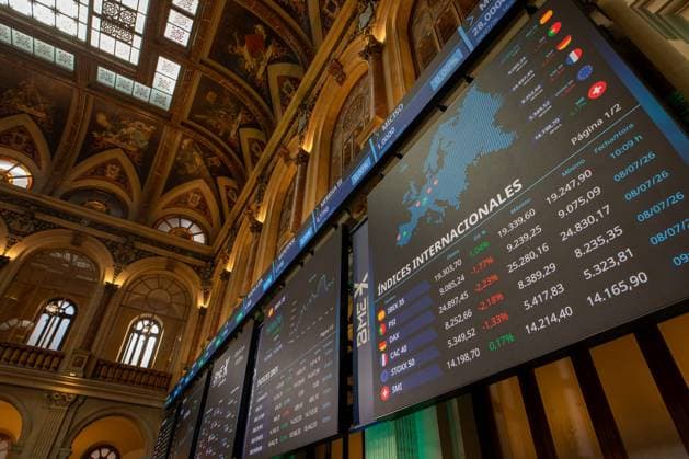 July 9, 2026, Madrid, Madrid, Spain: The screens of the Madrid Stock Exchange, IBEX 35, display economic indicators..The Madrid Stock Exchange is trading higher today, Thursday, July 9, 2026. After suffering its worst session in months on Wednesday due to tensions in the Middle East and threats of US tariffs, the market has regained confidence. Madrid Spain - ZUMAs197 20260709_aaa_s197_003 Copyright: xSOPAxImagesx