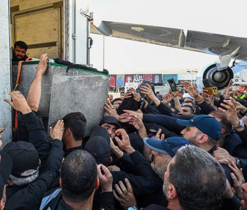 Former Iranian leader Khamenei bid farewell in Najaf before burial in Mashhad NAJAF, IRAQ - JULY 9: The coffin of former Iranian leader Ali Khamenei is being transported from Najaf International Airport following a farewell ceremony held in Najaf, Iraq, on July 9, 2026. Khamenei is expected to be buried at the Imam Reza Shrine in Mashhad, Iran, after a final funeral ceremony. Haidar Mohammed Ali Anadolu Najaf Iraq. Editorial use only. Please get in touch for any other usage.  Copyright: x2026xAnadoluxHaidarxMohammedxAlix