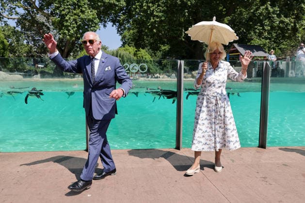 July 9, 2026, London, London, UK: London, UK. King Charles III and Queen Camilla wave to the crowd after observing laser training exercises with Humboldt penguins at Penguin Beach during their visit to London Zoo to mark the 200th anniversary of the Zoological Society of London. London UK  - ZUMAl94_ 20260709_zaf_l94_007 Copyright: xDinendraxHariax