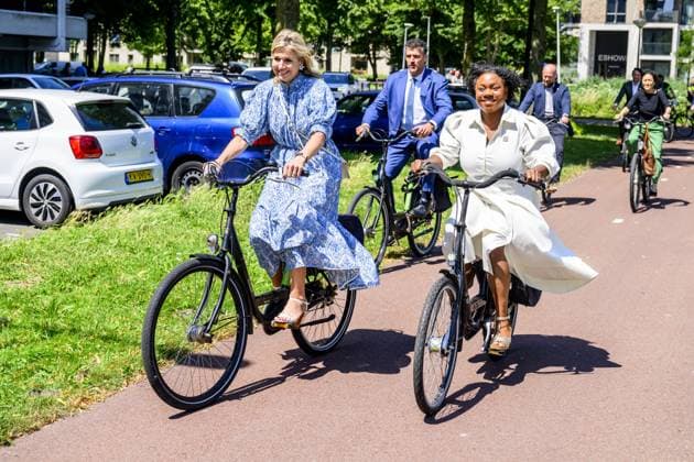 Amsterdam, The Netherlands, 2026-07-09 13:28:33 AMSTERDAM, 09-07-2026, Zuidoost district. Queen Maxima, together with the Minister of Social Affairs and Employment, Hans Vijlbrief, visits the Zuidoost district in Amsterdam as part of the Debt-Free Neighbourhood approach. The purpose of the working visit is to share knowledge regarding area-based working, scaling up successful initiatives, and cooperation with the Foundation for Financial Health in the Netherlands (SFGN). PHOTO: NLBeeld Patrick van Emst Credit: NL Beeld Patrick van Emst  Copyright: xx x