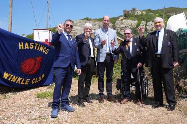 Prince of Wales visit to Hastings The Prince of Wales (centre) receives a silver winkle as he meets with members from the charity organisation the Winkle Club, in the Old Town, during his visit to Hastings, East Sussex, to highlight the town s fishing community and the vital work of local youth-led and community-driven organisations. Picture date: Thursday July 9, 2026., Credit:Gareth Fuller PA ROTA - B68 Avalon UK, Hastings  Copyright: xGarethxFullerx xPAxROTAx-xB68x xAvalonx 1115505423
