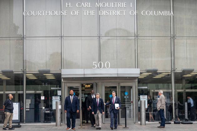 Olympic canoeist David Hearn departs the Moultrie Courthouse with his lawyers, Norm Eisen and Mary Dohrmann, after pleading not guilty to damaging the Lincoln Memorial Reflecting Pool in Washington, DC on Thursday, June 9, 2026. Hearn was indicted on July 2 on one count of destruction of property of more than $1,000 for allegedly damaging the Reflecting Pool, carrying a maximum pentyl of 10 years in prison if convicted.  WAP20260709304 BONNIExCASH