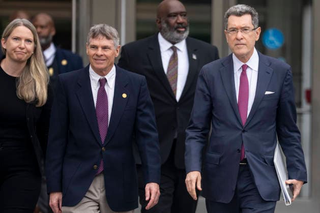 Olympic canoeist David Hearn departs the Moultrie Courthouse with his lawyers, Norm Eisen and Mary Dohrmann, after pleading not guilty to damaging the Lincoln Memorial Reflecting Pool in Washington, DC on Thursday, June 9, 2026. Hearn was indicted on July 2 on one count of destruction of property of more than $1,000 for allegedly damaging the Reflecting Pool, carrying a maximum pentyl of 10 years in prison if convicted.  WAP20260709305 BONNIExCASH